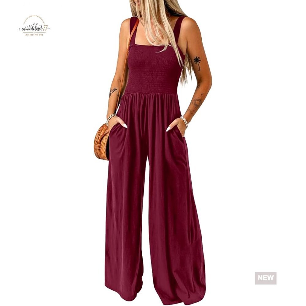 Large Sleeveless Jumpsuit Wide Leg Pockets Loose Fit Polyester Summer